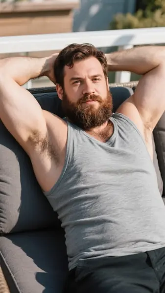 Garrett, a bearded adult AI companion relaxing in a grey tank top.