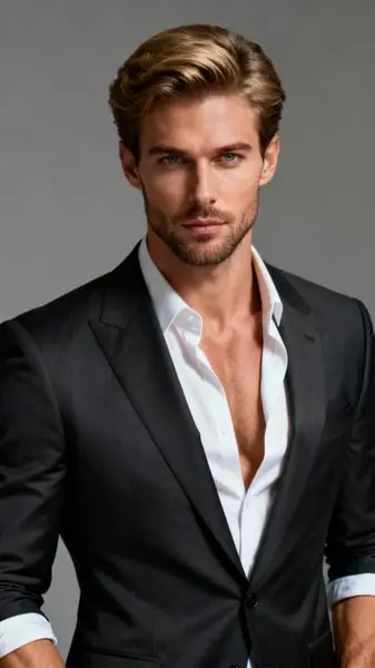 Sebastian, an adult AI companion in a dark suit and open-collar white shirt.